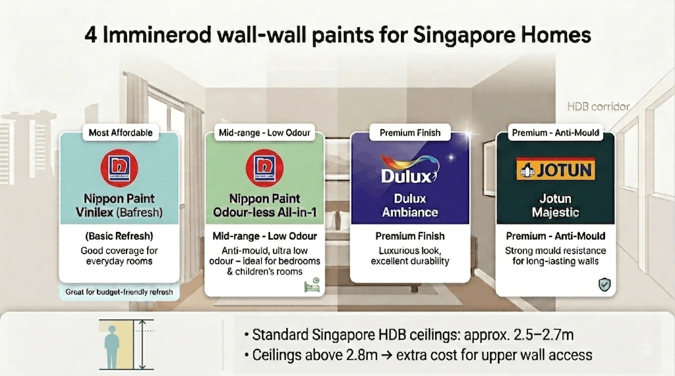 Comparison of 4 paint brands for Singapore homes: Nippon Paint Vinilex  basic, Nippon Paint Odour-less mid-range, Dulux Ambiance premium and  Jotun Majestic anti-mould premium